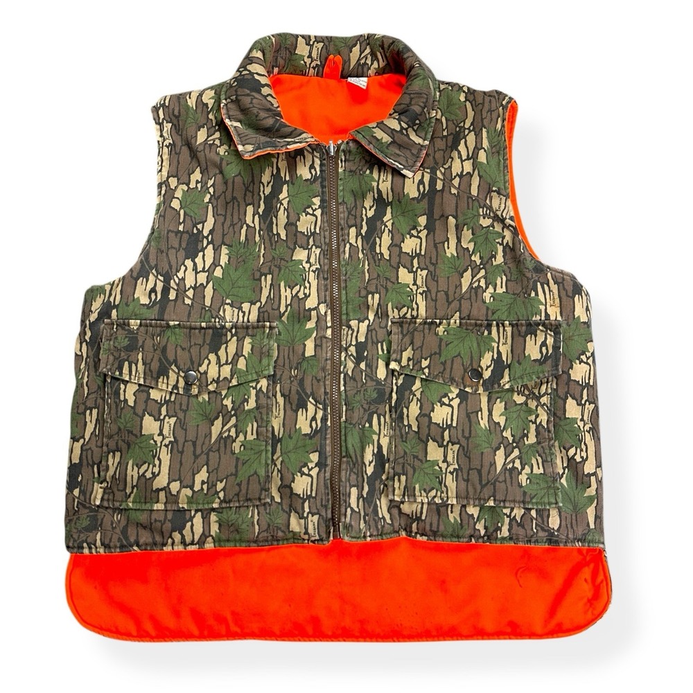 Vtg 90s Winchester Hunting Vest Mens Medium Trebark Camo Orange Reversible Zip *